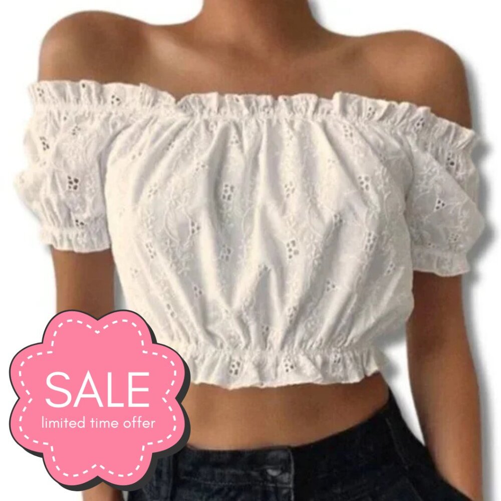 Off White Cream Eyelet Cropped Off Shoulder Top - Picture 1 of 16